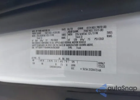 2022 Ford Transit-250 из США, поврежденный, VIN 1FTBR1Y84NKA56369